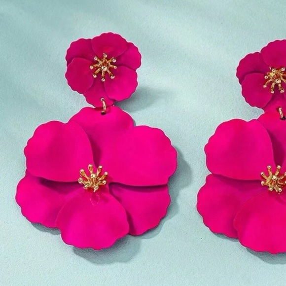Pink Flower Drop Earrings - Picture 3 of 6
